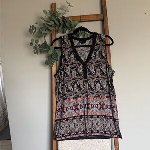 AB Studio Black Paisley-Print V-Neck Tank with Red and Brown Accents